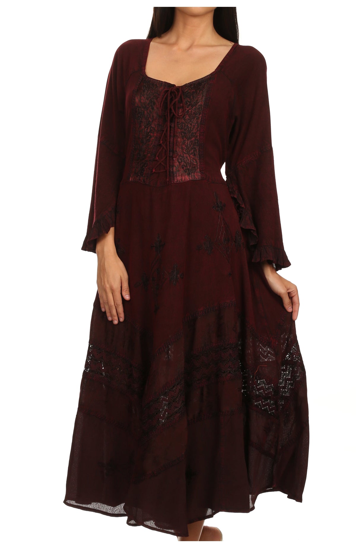 Sakkas Mirabel Stonewashed Corset Style Floral Emboridery Kimono Sleeve Dress