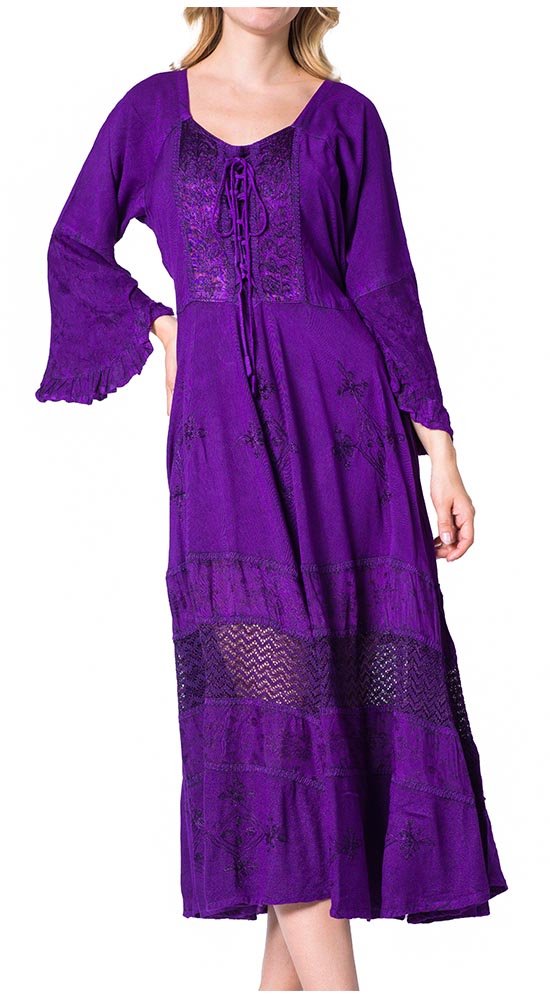 Sakkas Mirabel Stonewashed Corset Style Floral Emboridery Kimono Sleeve Dress