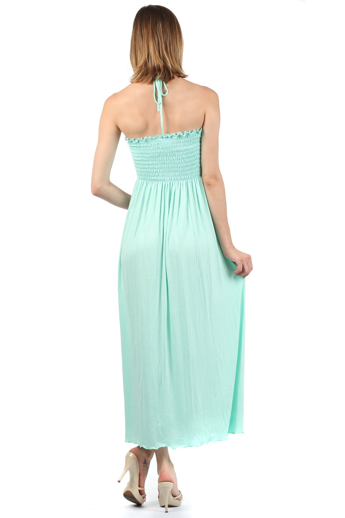 Sakkas Soft Jersey Feel Solid Color Smocked Bodice String Halter Long Dress