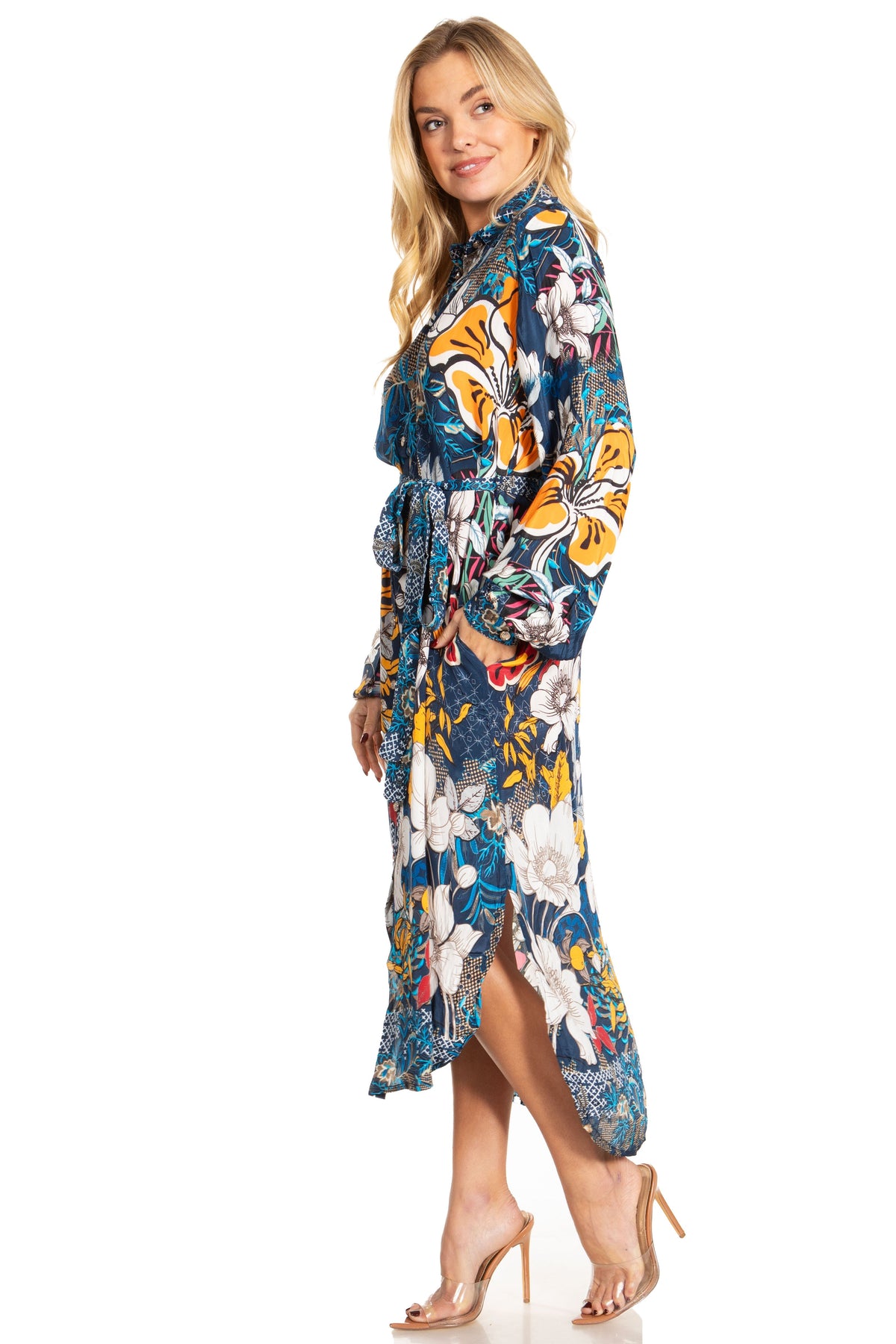 Sakkas Rina Women's Floral Print Maxi Dress with Long Sleeves and Flounce Shirt Design