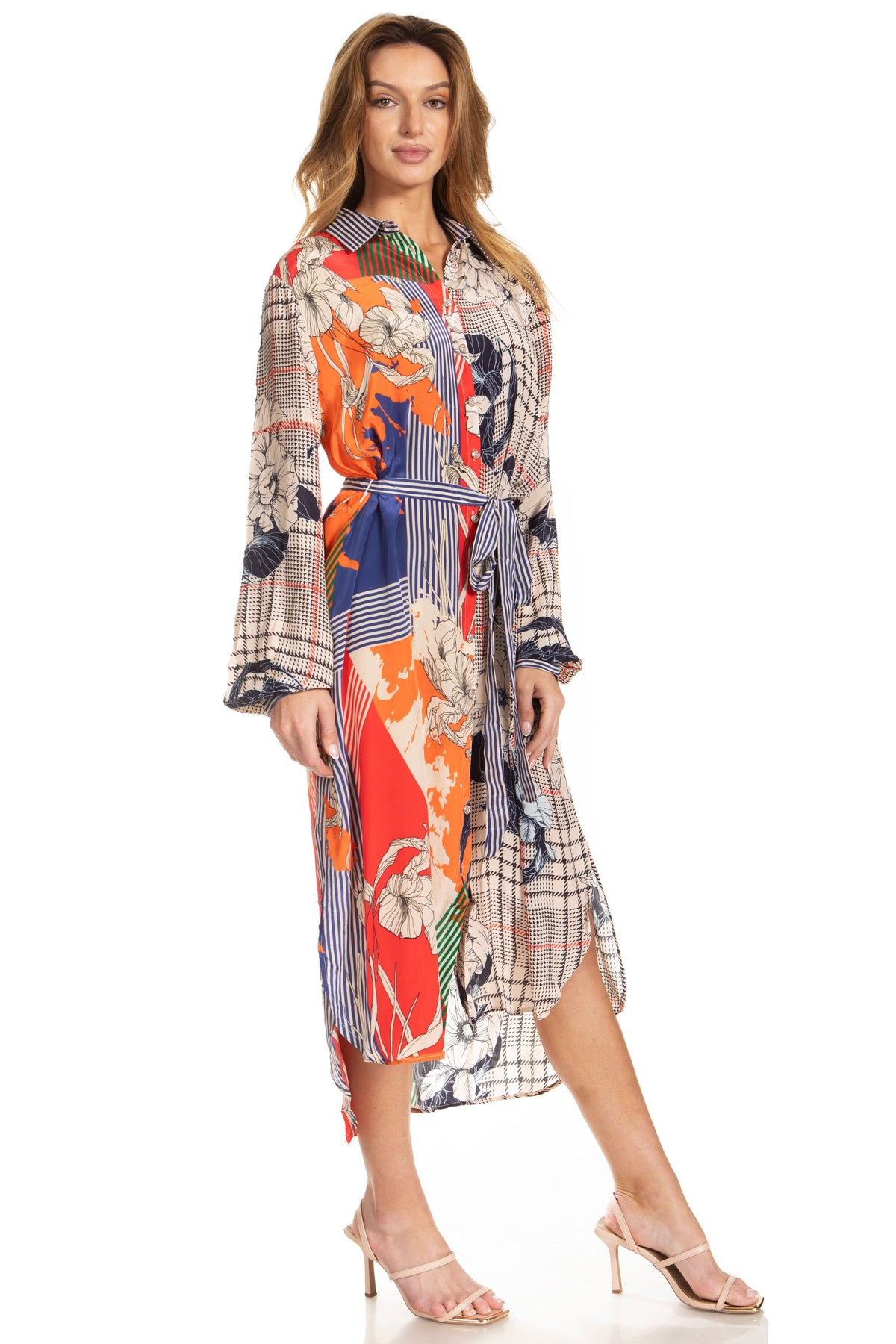 Sakkas Rina Women's Floral Print Maxi Dress with Long Sleeves and Flounce Shirt Design