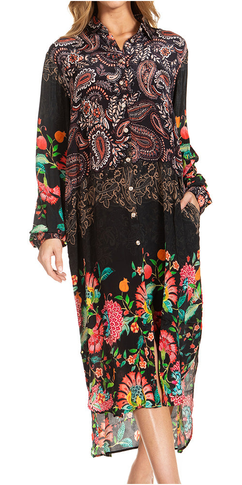 Sakkas Rina Women's Floral Print Maxi Dress with Long Sleeves and Flounce Shirt Design