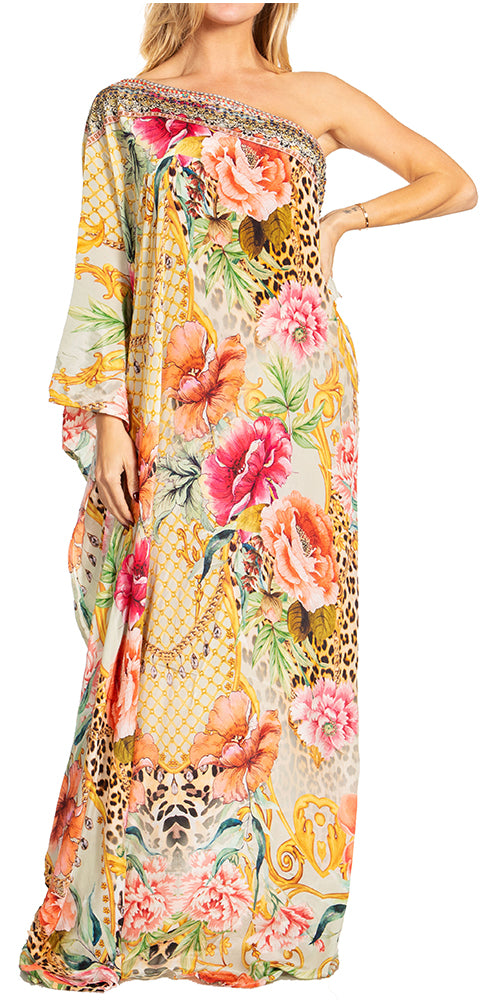 Sakkas Dora Women's One Shoulder Short Sleeve Casual Elegant Maxi Dress with Print
