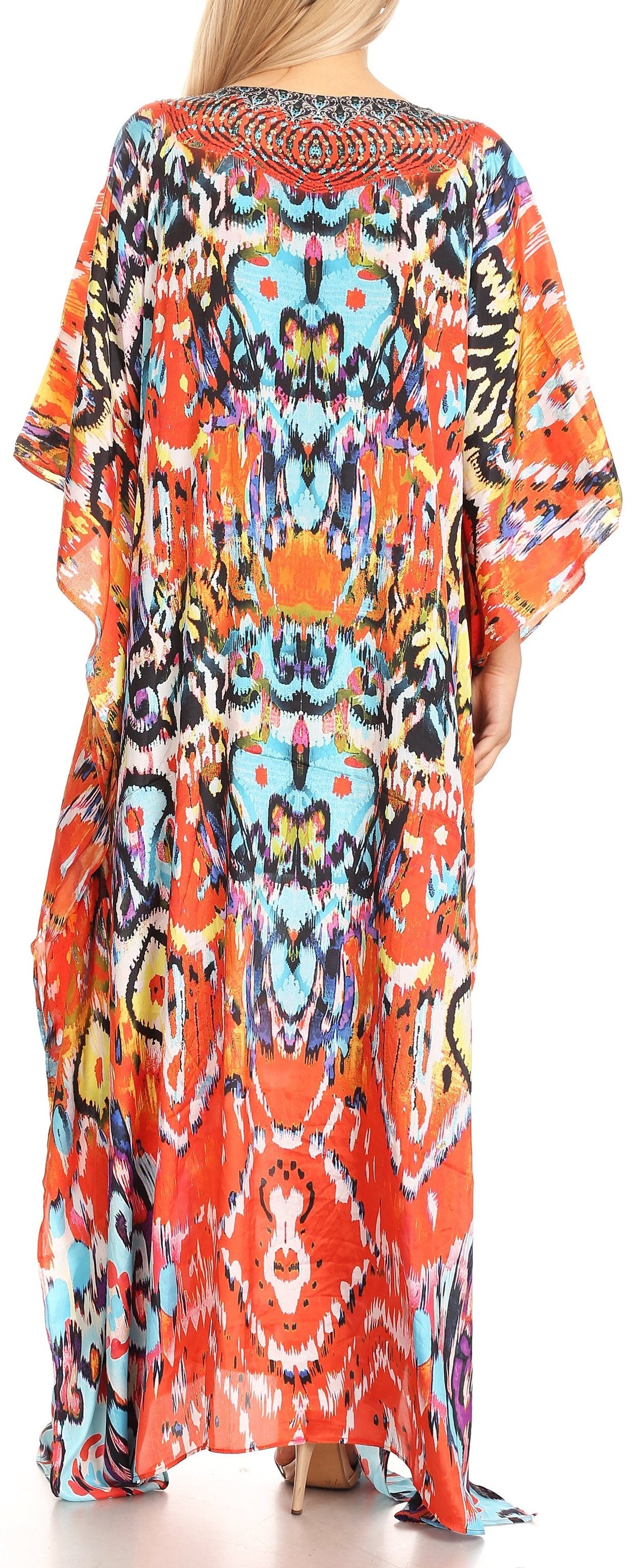 Sakkas Anahi Flowy Design V Neck Long Caftan Dress / Cover Up With Rhinestone