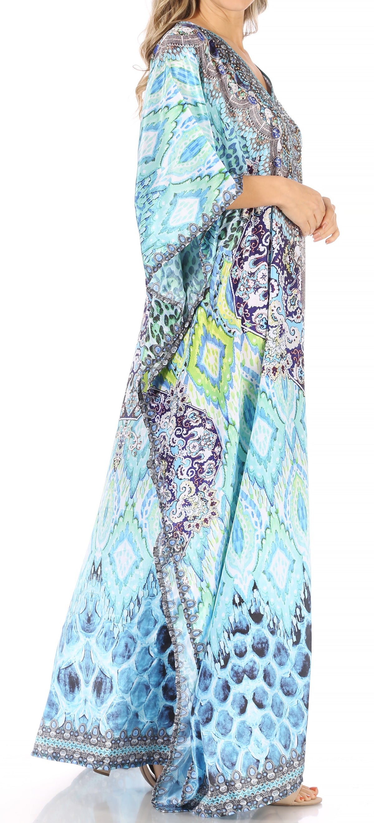 Sakkas Anahi Flowy Design V Neck Long Caftan Dress / Cover Up With Rhinestone