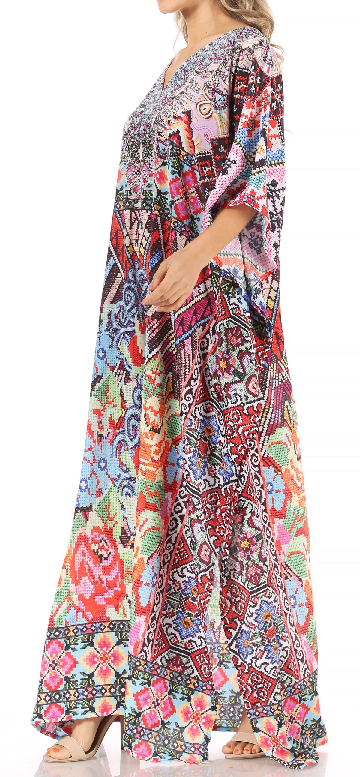 Sakkas Anahi Flowy Design V Neck Long Caftan Dress / Cover Up With Rhinestone