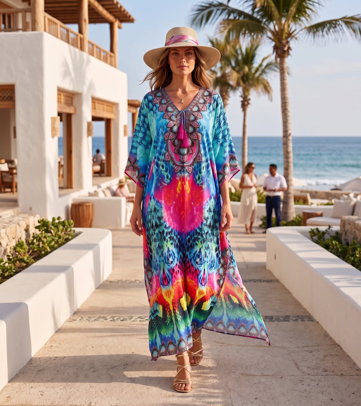 Sakkas Georgettina Flowy Rhinestone V Neck Long Caftan Dress/Cover Up