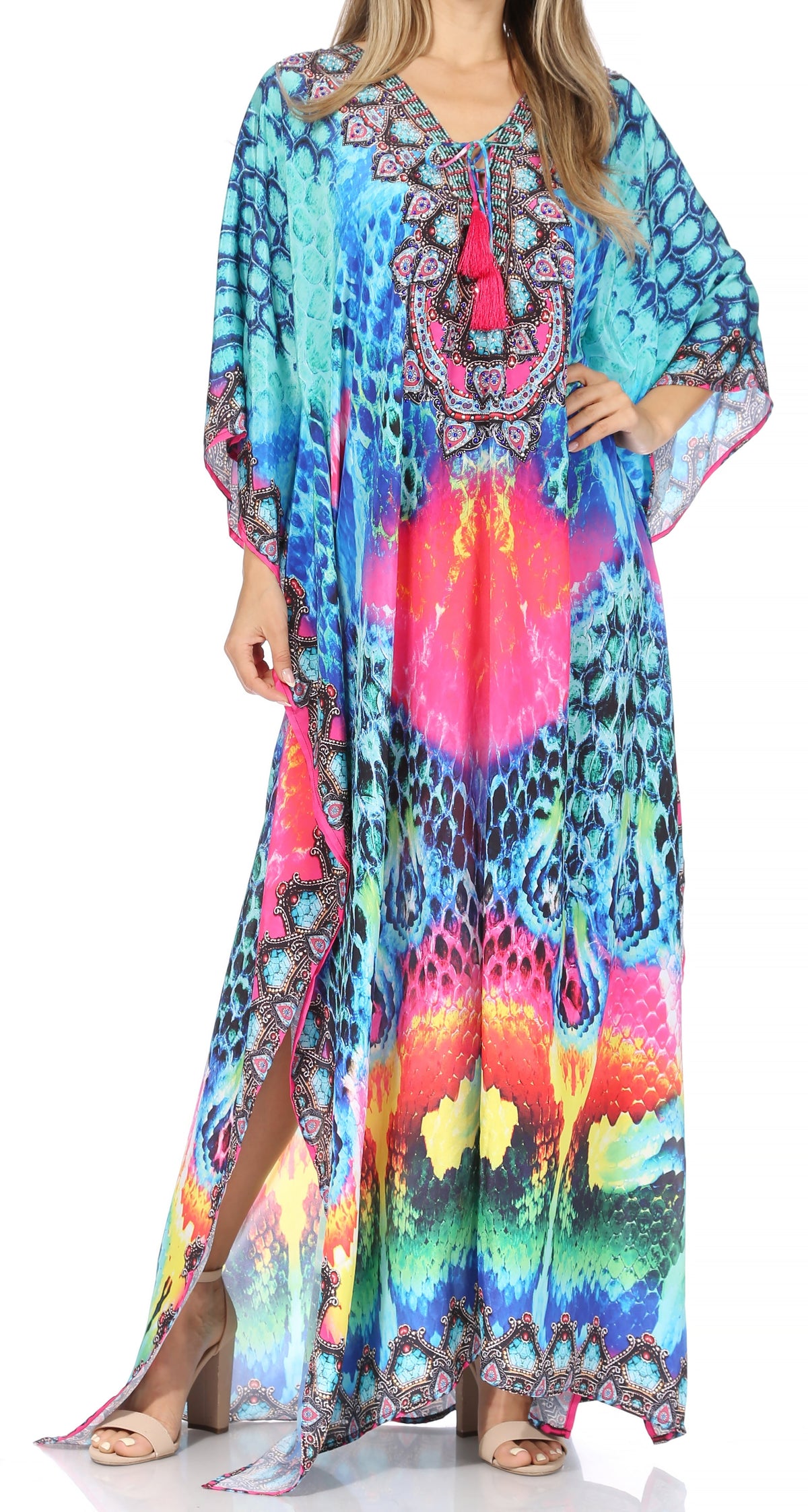 Sakkas Georgettina Flowy Rhinestone V Neck Long Caftan Dress/Cover Up