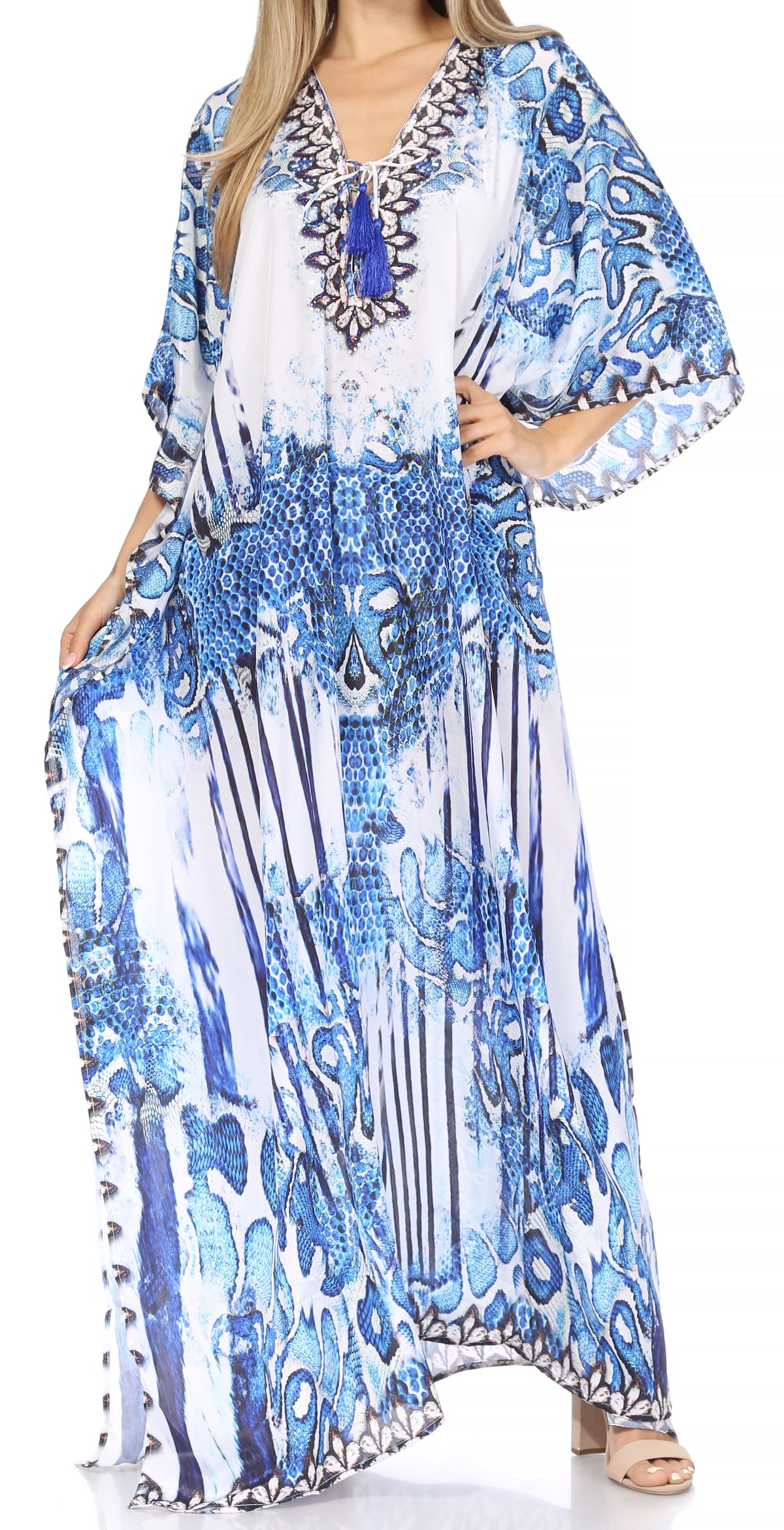 Sakkas Georgettina Flowy Rhinestone V Neck Long Caftan Dress/Cover Up