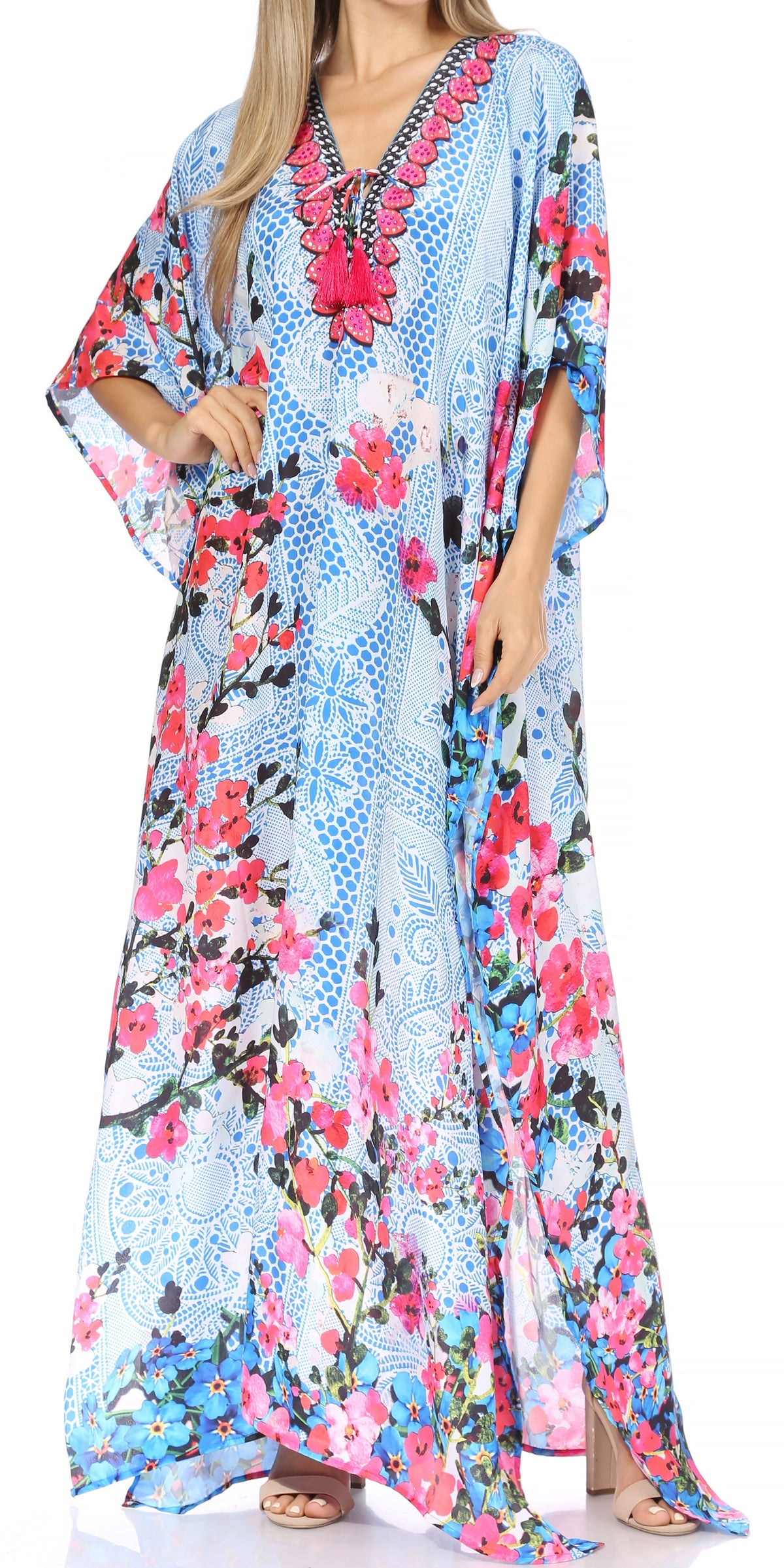 Sakkas Georgettina Flowy Rhinestone V Neck Long Caftan Dress/Cover Up