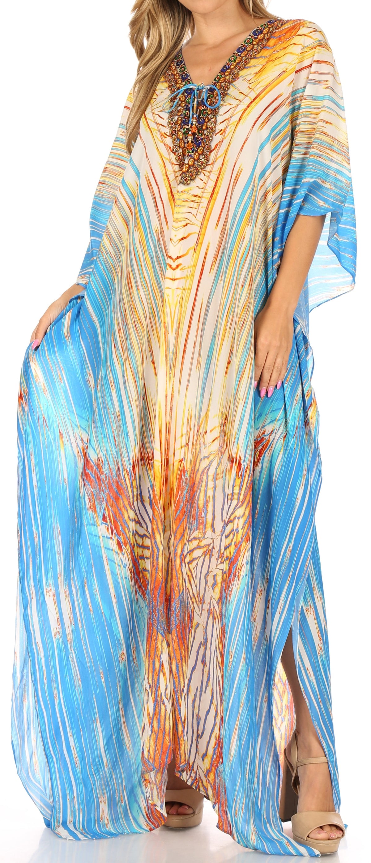 Sakkas Georgettina Flowy Rhinestone V Neck Long Caftan Dress/Cover Up