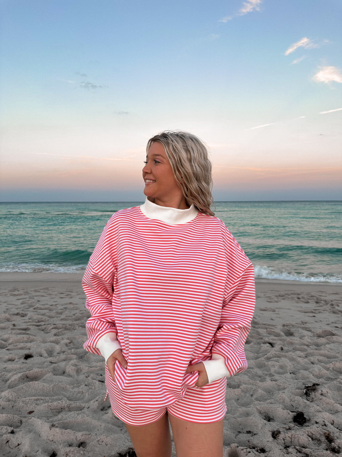 Dark Pink and White Big Striped Mockneck Sweatshirt