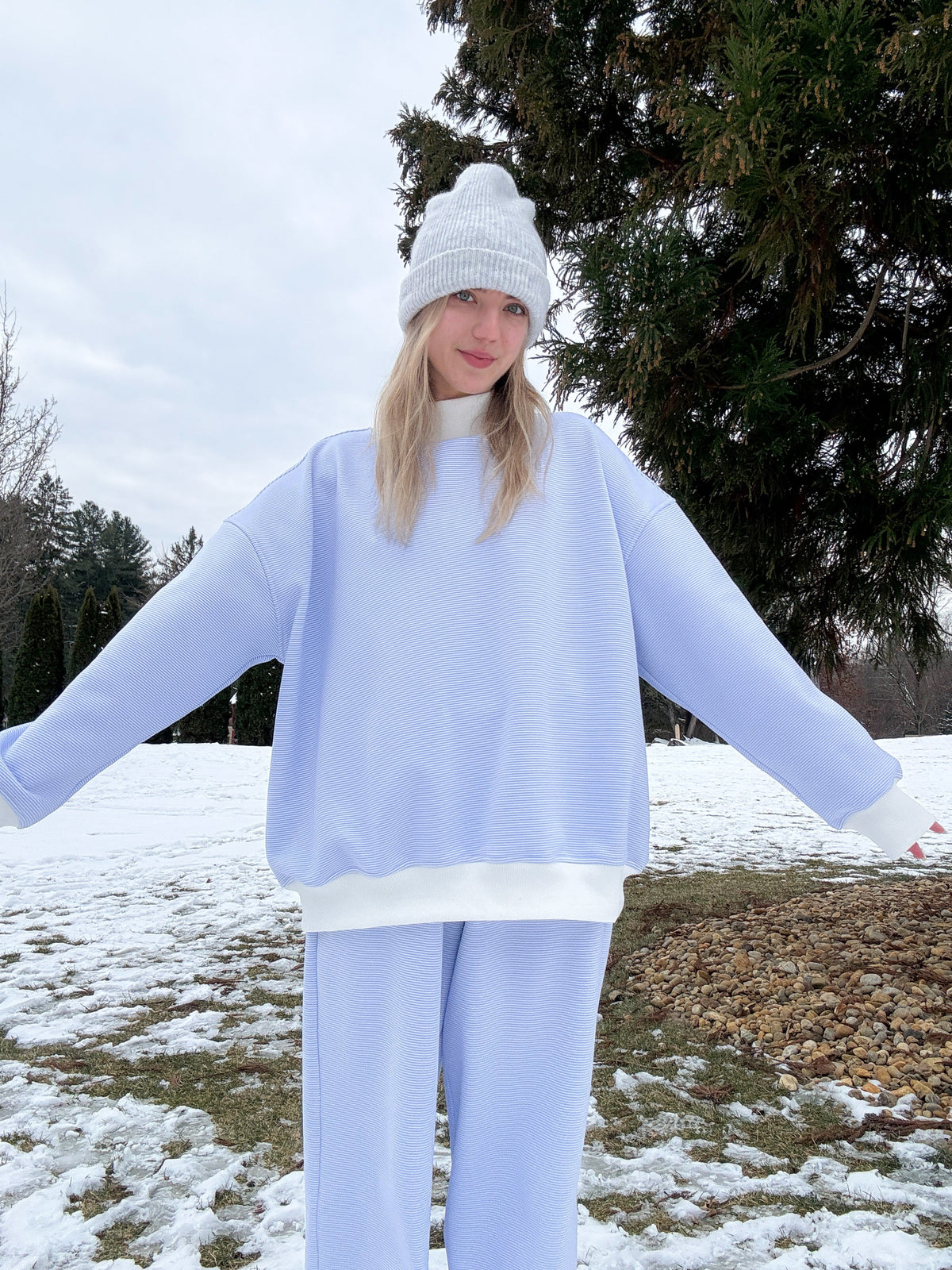Blue and White Mini Striped Mockneck Sweatshirt