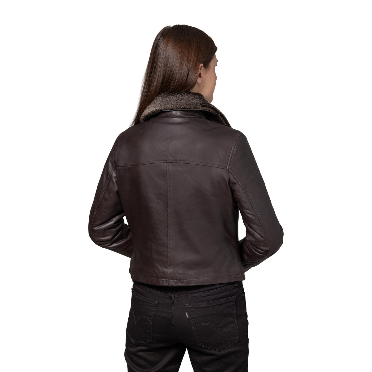 Sadie Women's Brown Leather Jacket with Faux Fur Collar