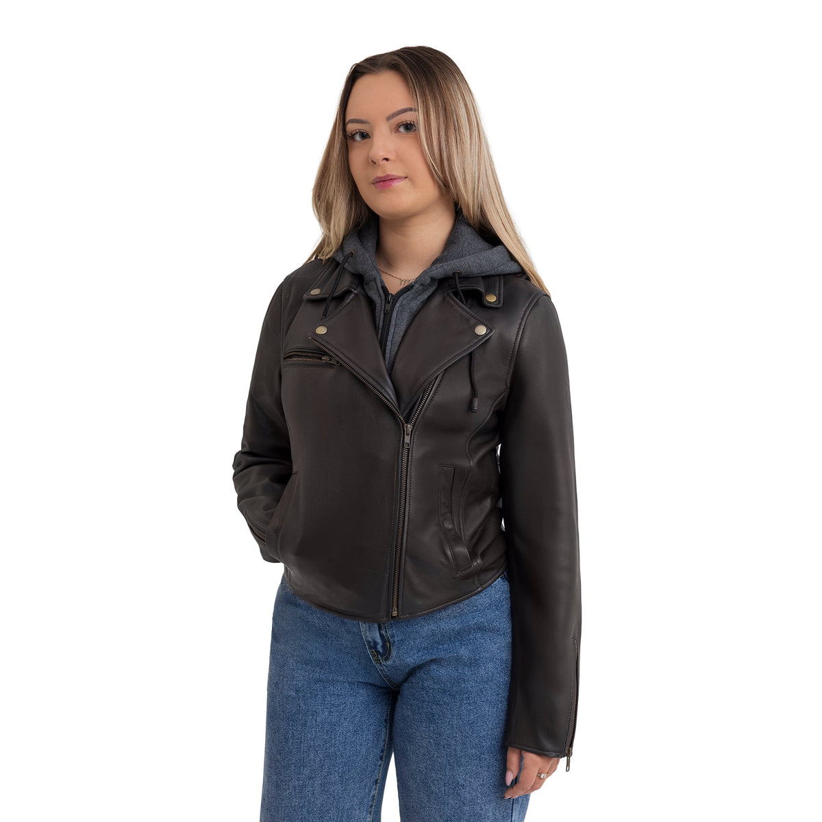 Camilla Women's Leather Jacket with Detachable Hoodie