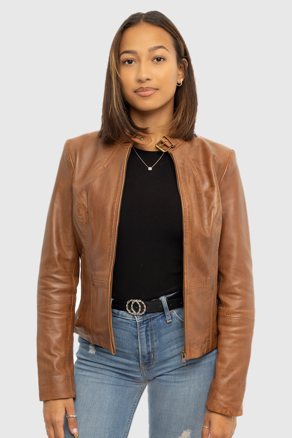 Rexie Women's Fashion Leather Jacket, Dark Cognac