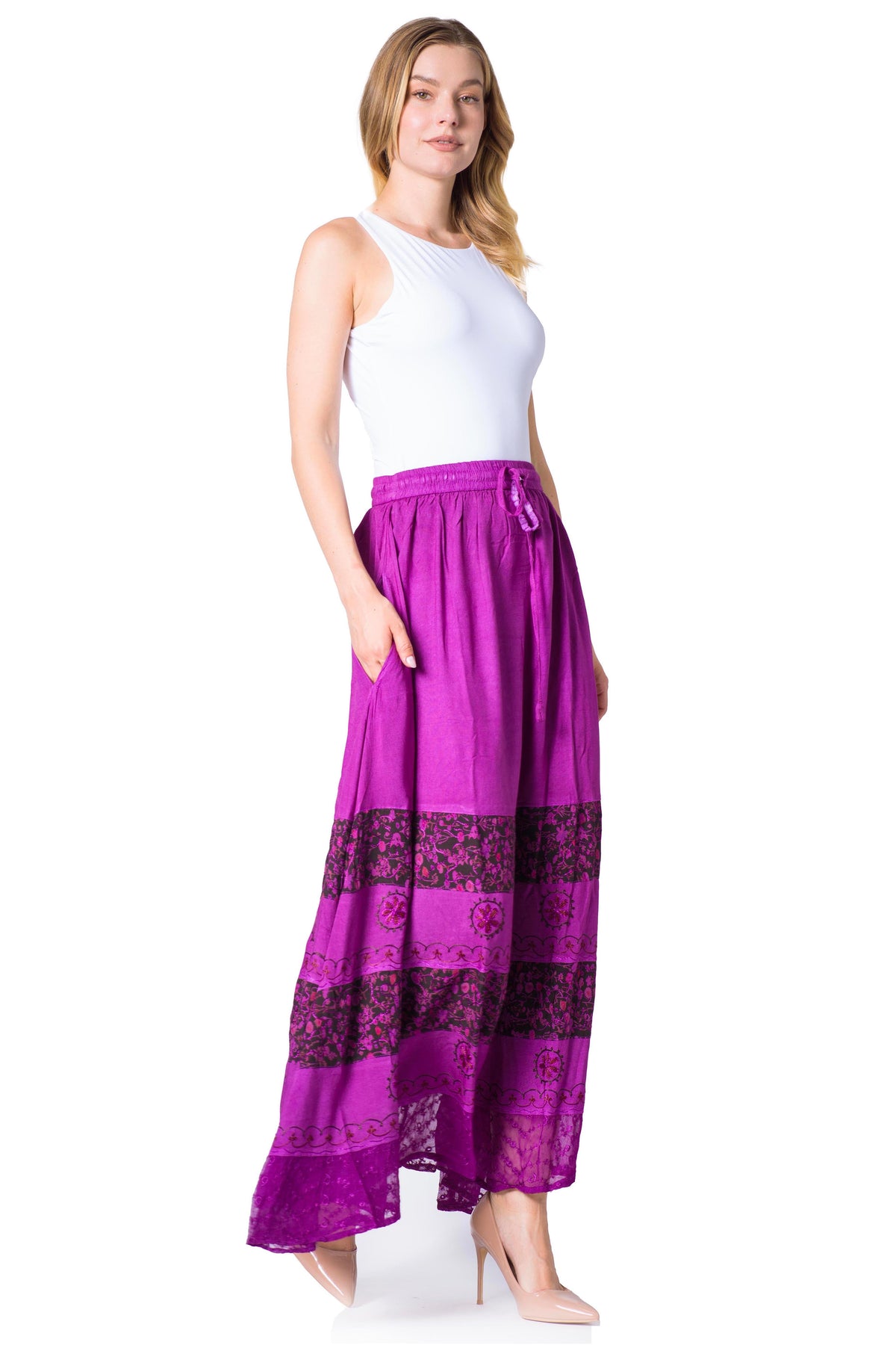 Sakkas Sandra Women's Casual Long Maxi Boho Gypsy Skirt Elastic Waist & Pockets