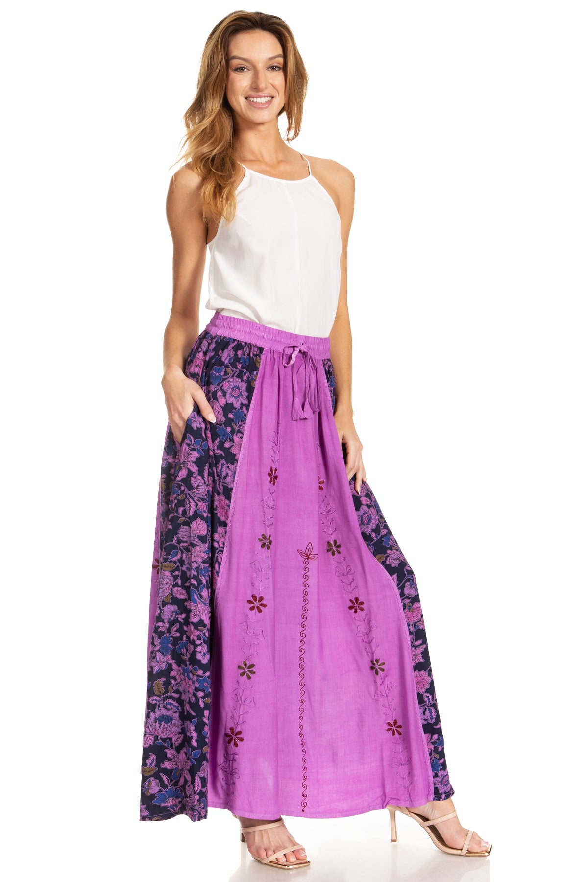 Sakkas Maran Women's Boho Embroidery Skirt with Lace Elastic Waist and Pockets