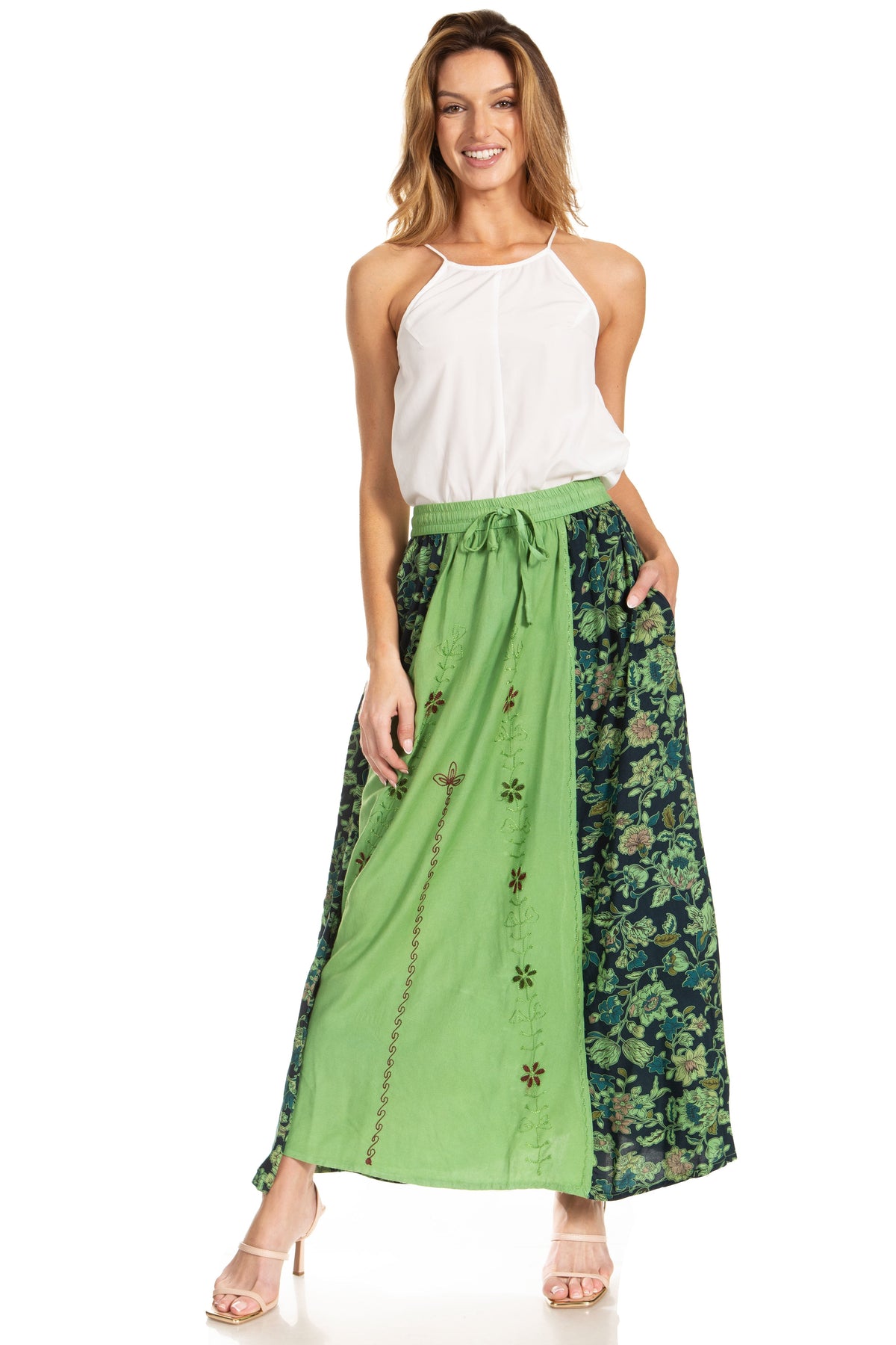 Sakkas Maran Women's Boho Embroidery Skirt with Lace Elastic Waist and Pockets
