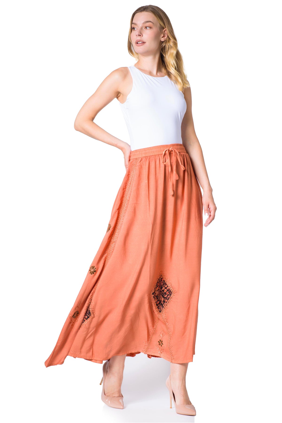 Sakkas Zarah Women's Boho Embroidery Gypsy Skirt with Lace Elastic Waist Pockets