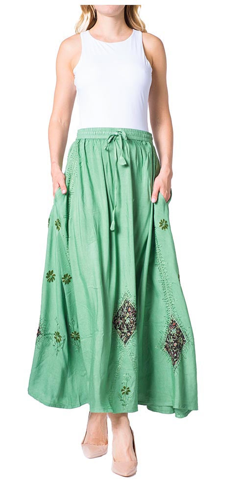 Sakkas Zarah Women's Boho Embroidery Gypsy Skirt with Lace Elastic Waist Pockets