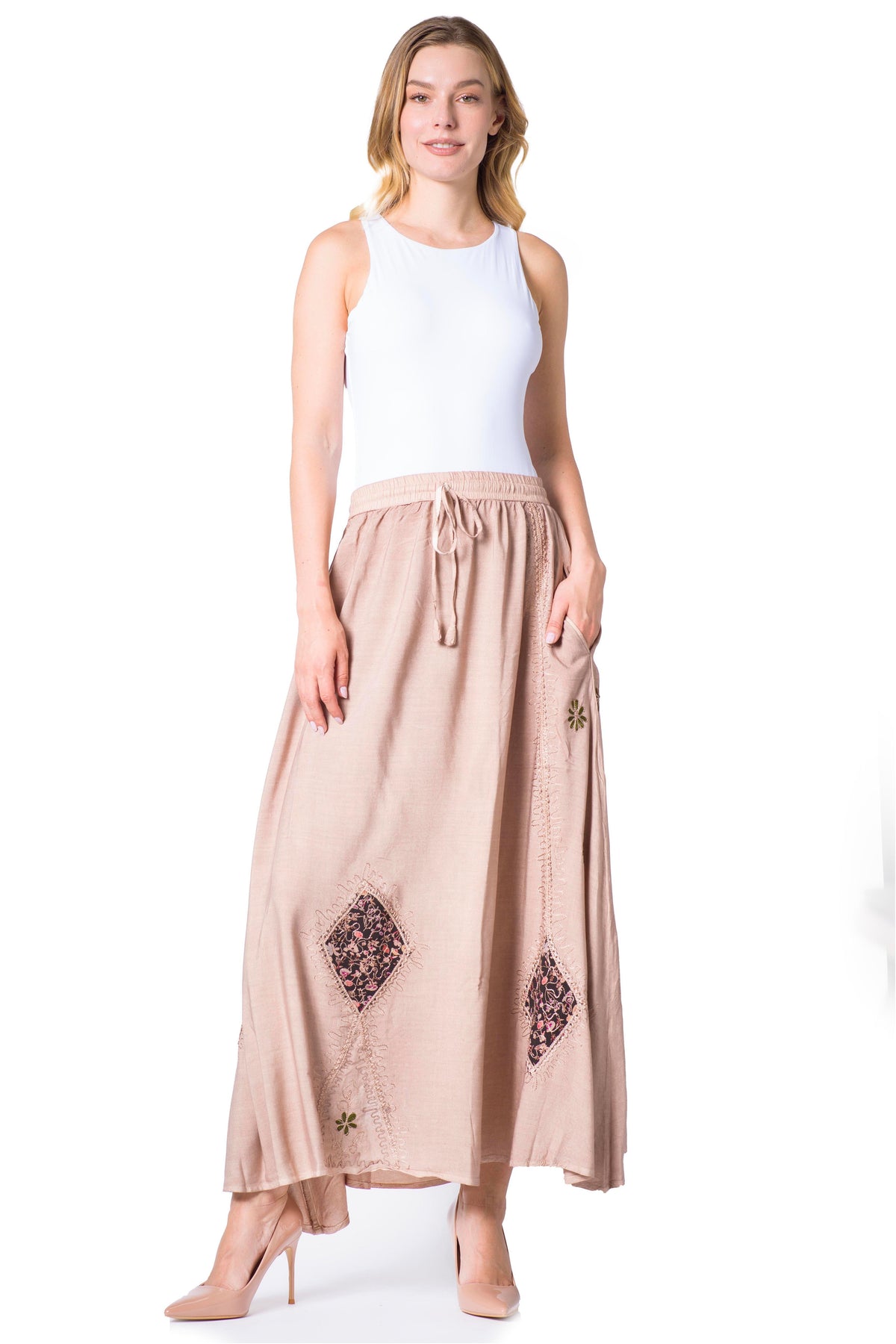 Sakkas Zarah Women's Boho Embroidery Gypsy Skirt with Lace Elastic Waist Pockets