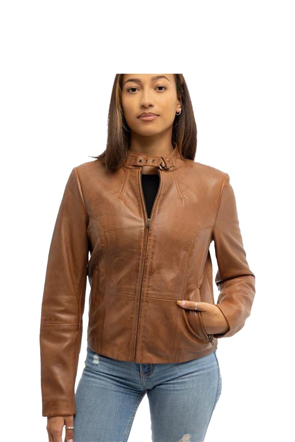 Rexie Women's Fashion Leather Jacket, Dark Cognac