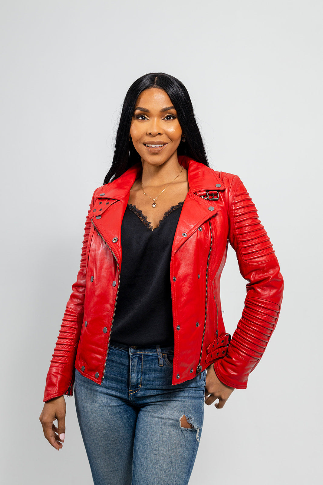 Queens Women's Fashion Leather Jacket, Fire Red