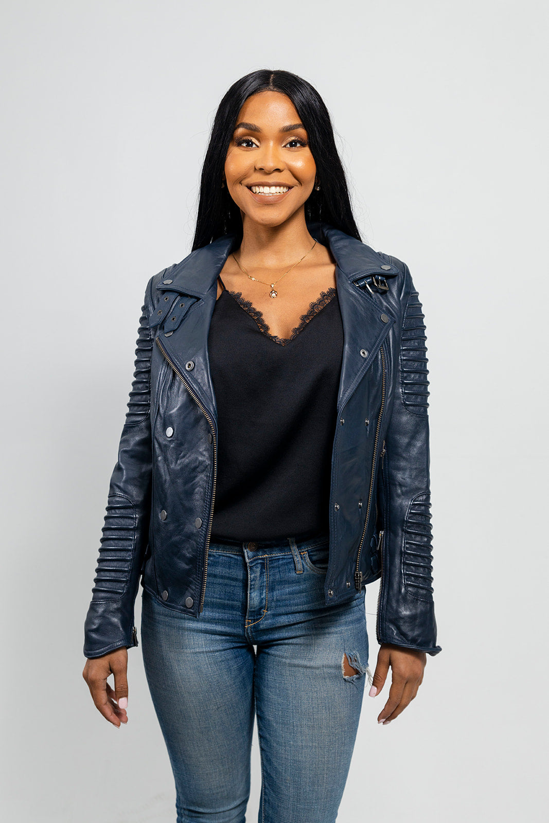 Queens Women's Fashion Leather Jacket, Navy Blue