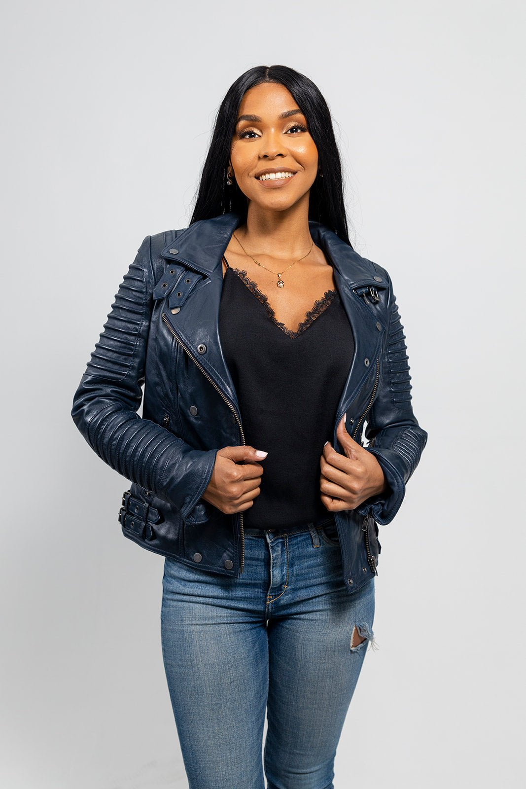 Queens Women's Fashion Leather Jacket, Navy Blue
