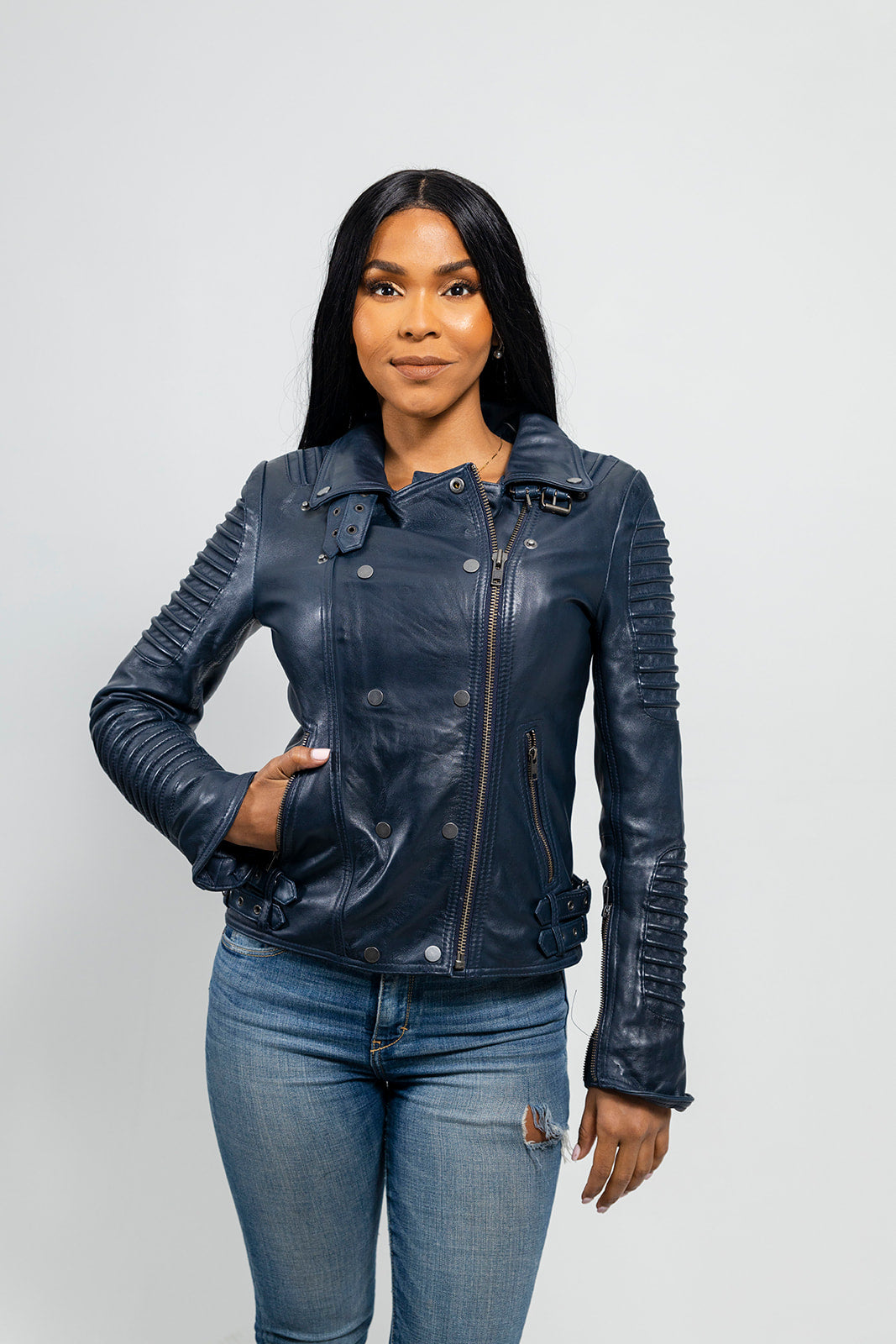 Queens Women's Fashion Leather Jacket, Navy Blue
