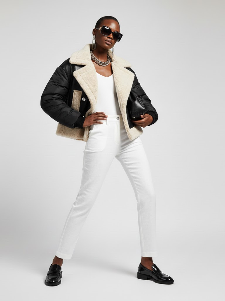 Women's Vegan Leather & Shearling Bomber Jacket BLACK - PARK SLOPE: New Collection COUTURE in BROOKLYN - BYMANYC ® New York