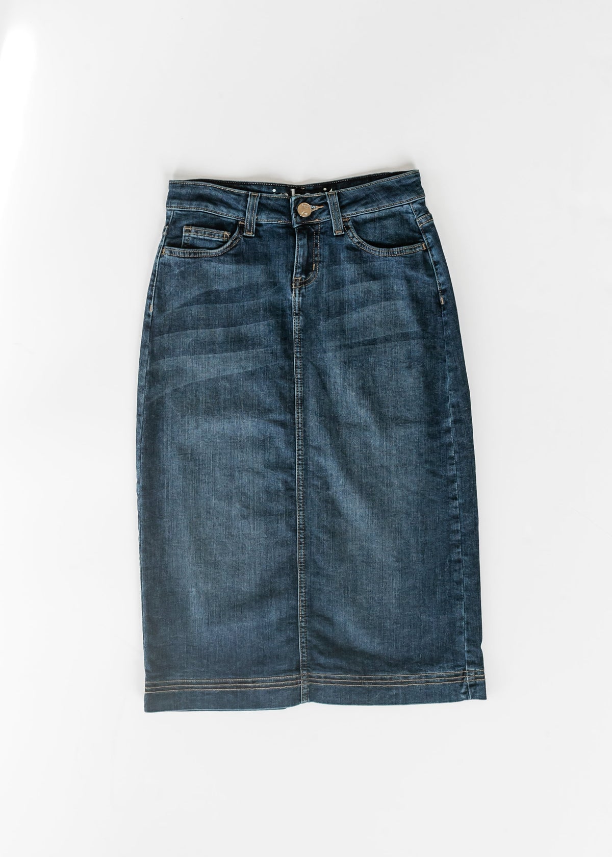 Bryn Dark Wash Denim Midi Skirt