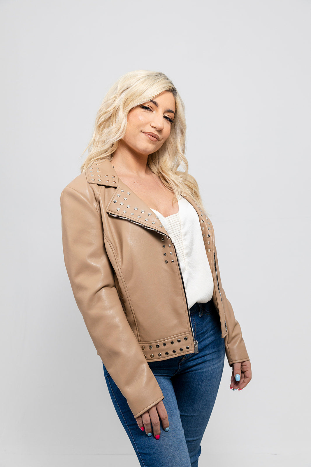 Sandy Women's Studded Faux Leather Moto Jacket